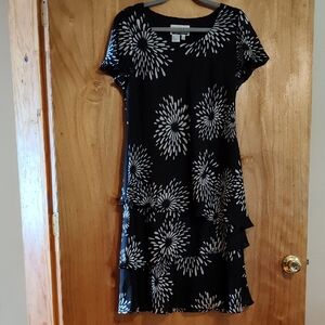 Vintage Sheri Martin Chiffon Tiered Dress Black White Floral Flutter Sleeve 12